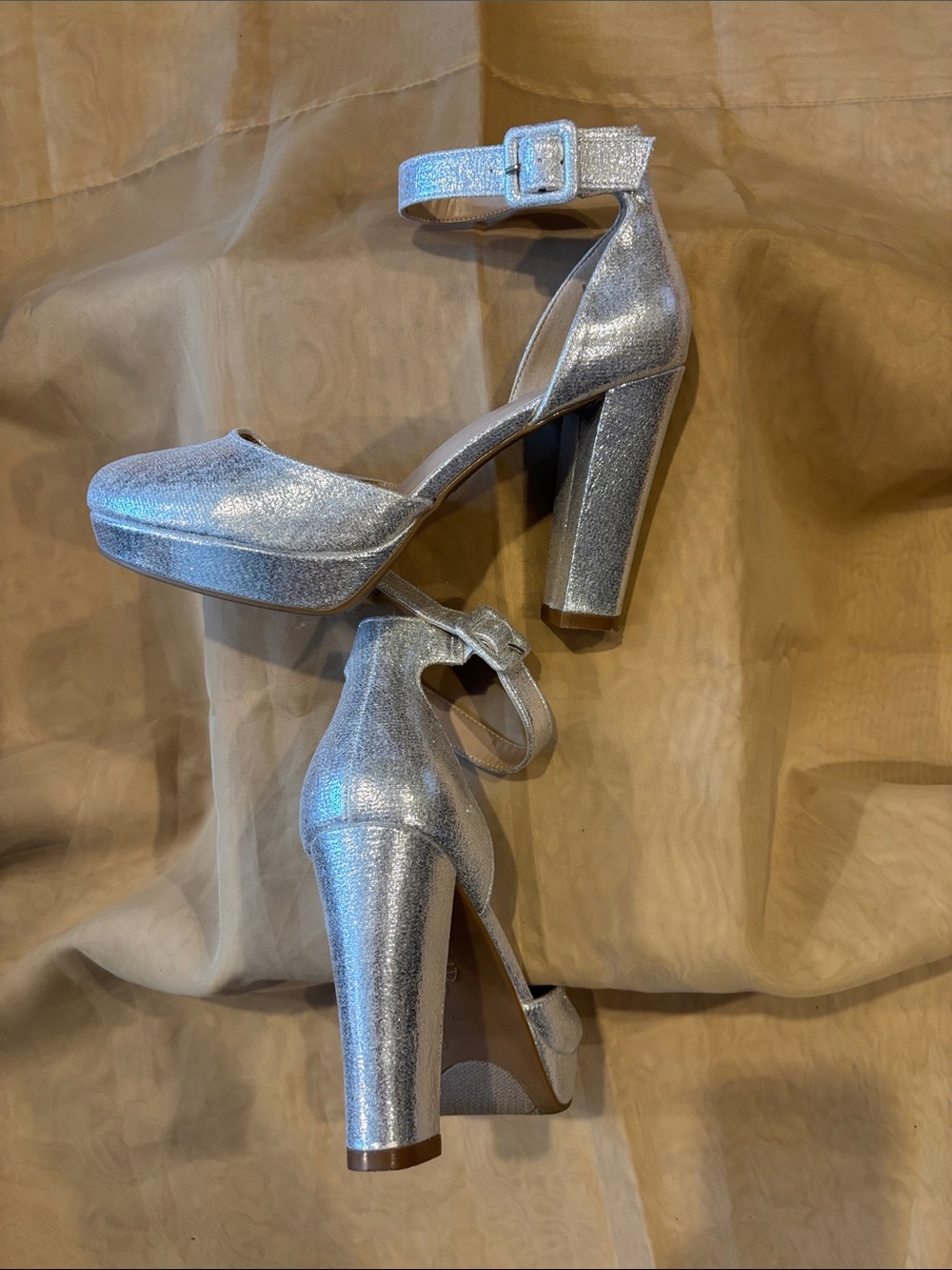 Silver Glitter Platform Ankle-Strap Heels